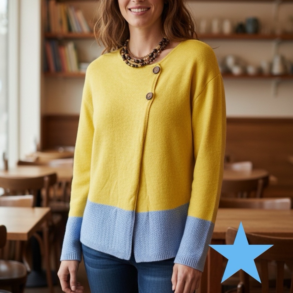 Made With Love Yellow & Blue Wrap Cardigan Cotton Blend WOMENS Sweater S M NWT